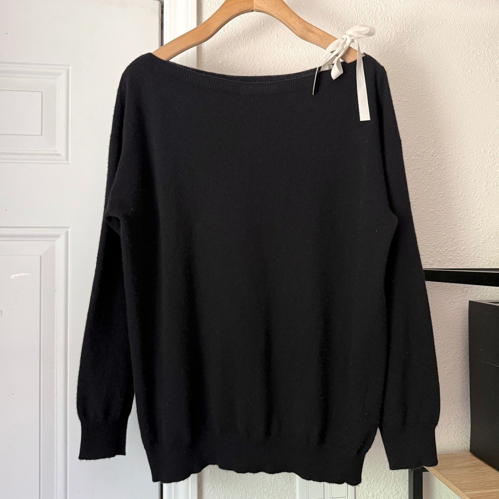 SANDRO black merino wool cashmere soft boat off shoulder tie pullover sweater